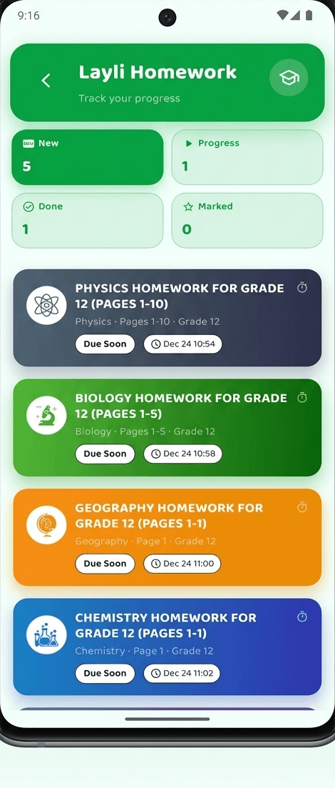Assigned homework by subject in the Caalim app