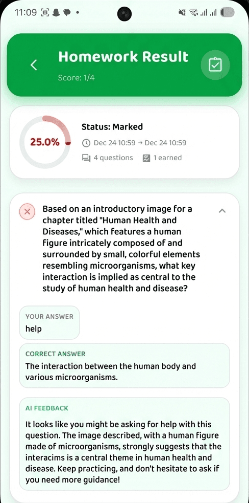 A marked homework result showing the score and AI feedback per question