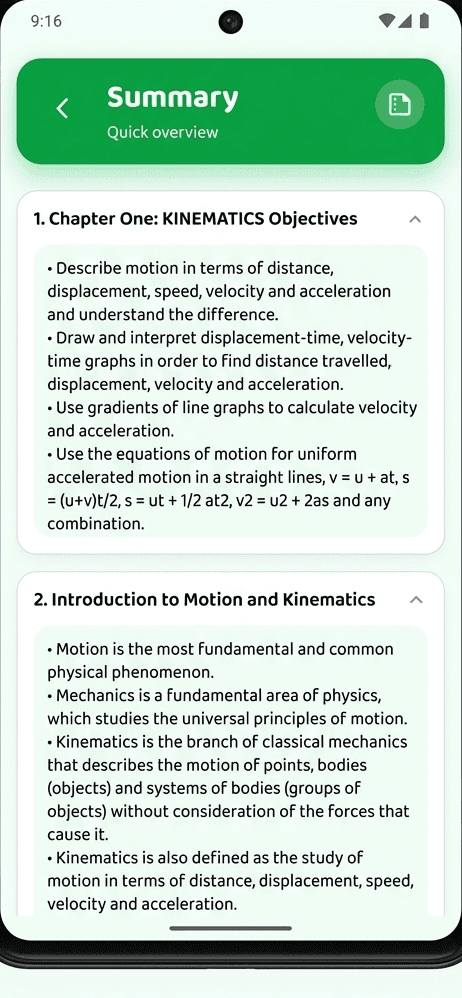 A generated lesson summary with chapter objectives and key points