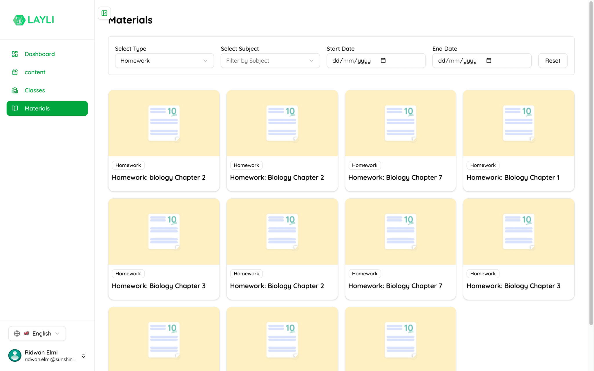 A list of homework sets filed by subject and chapter