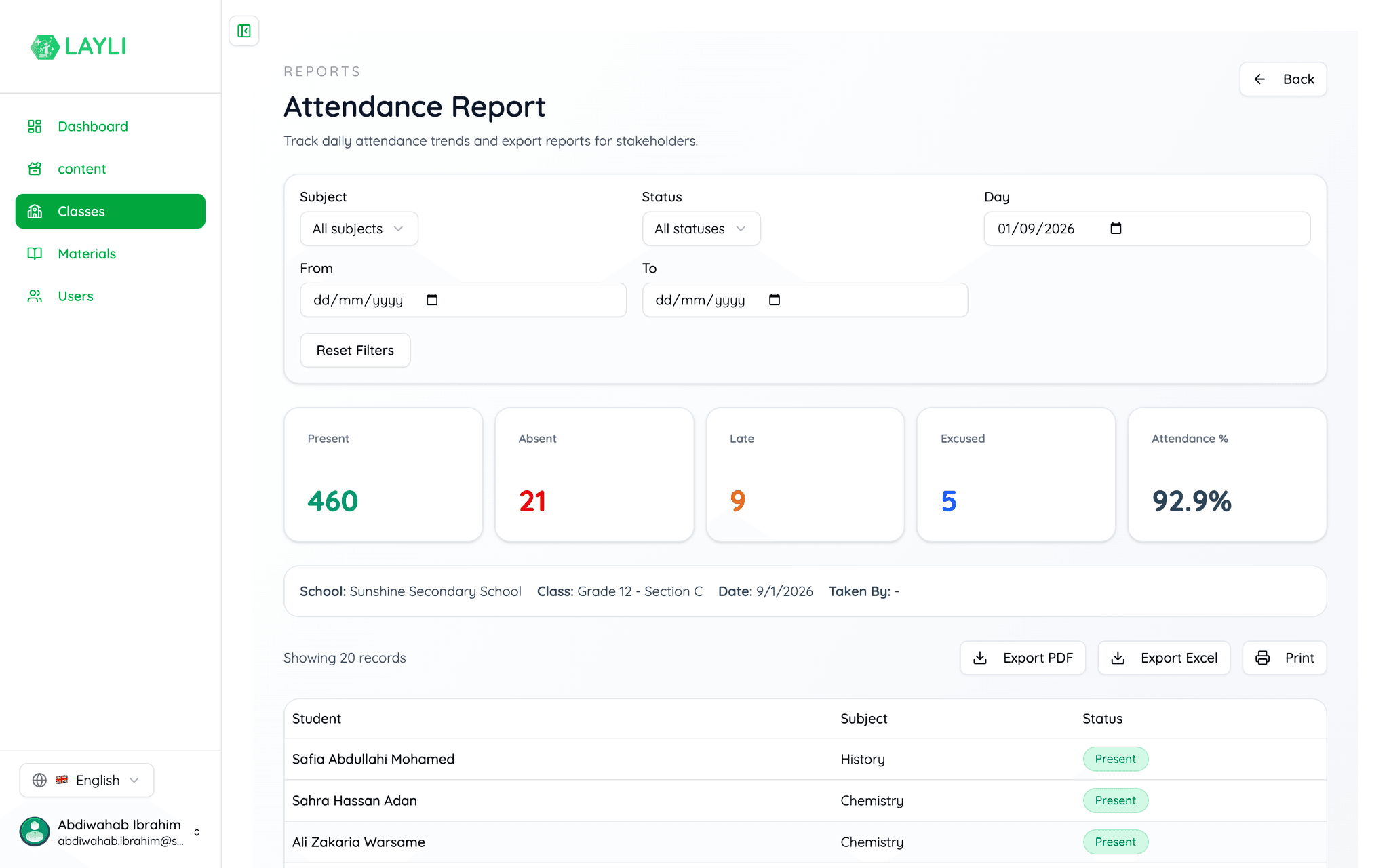 Attendance reporting in Layli, with per-class rates and export options