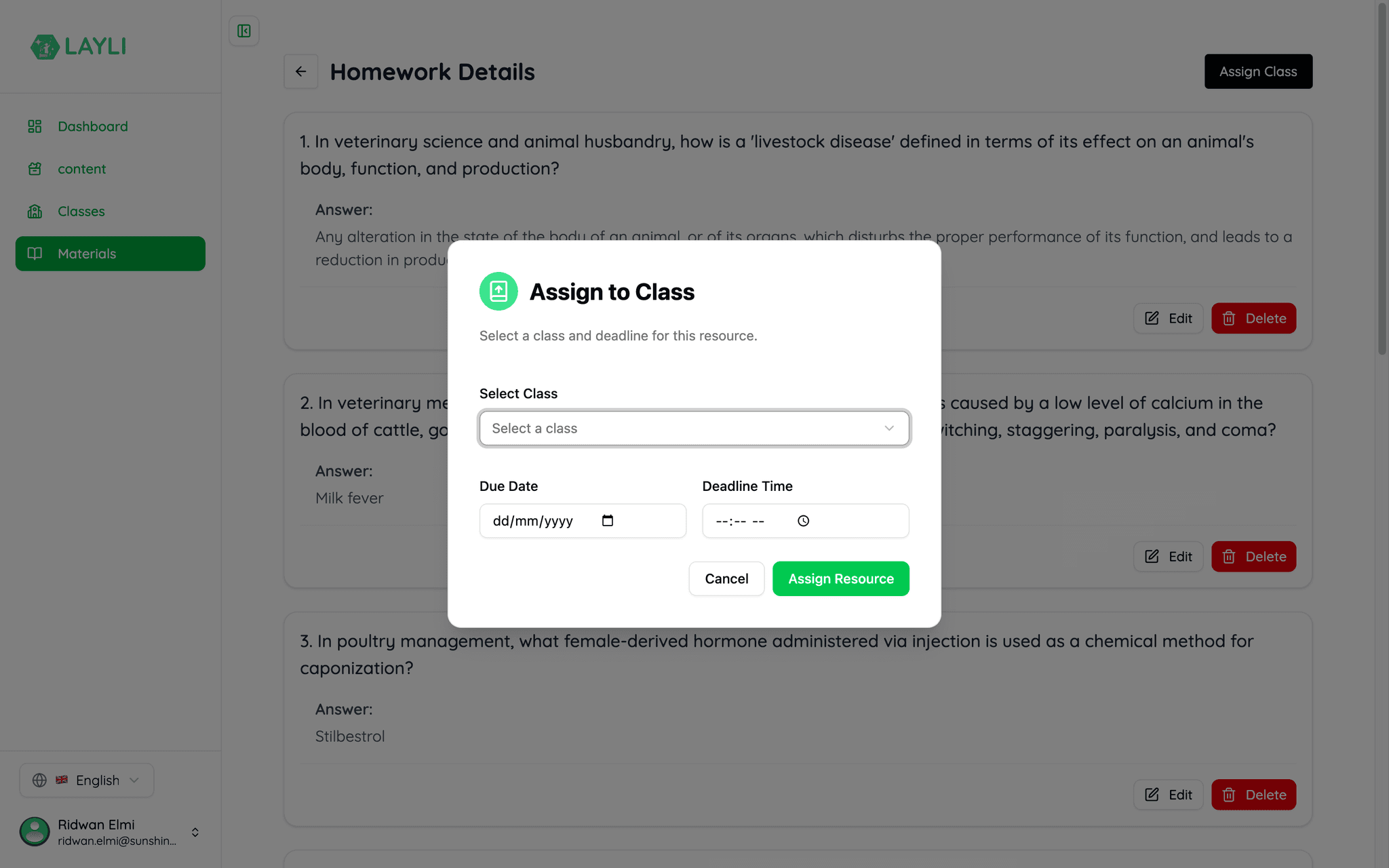 A homework set with its questions and answers, being assigned to a class with a deadline