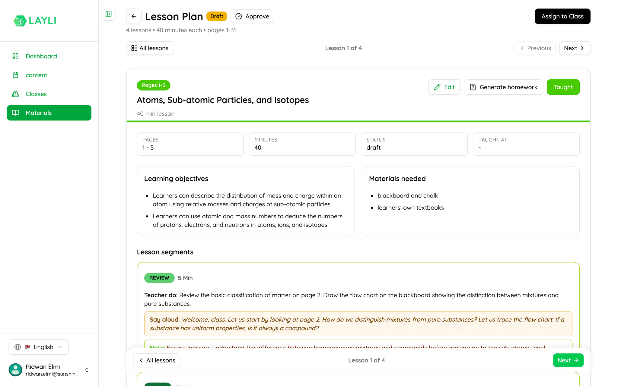 A single lesson showing its phases, timings, objectives and teaching notes