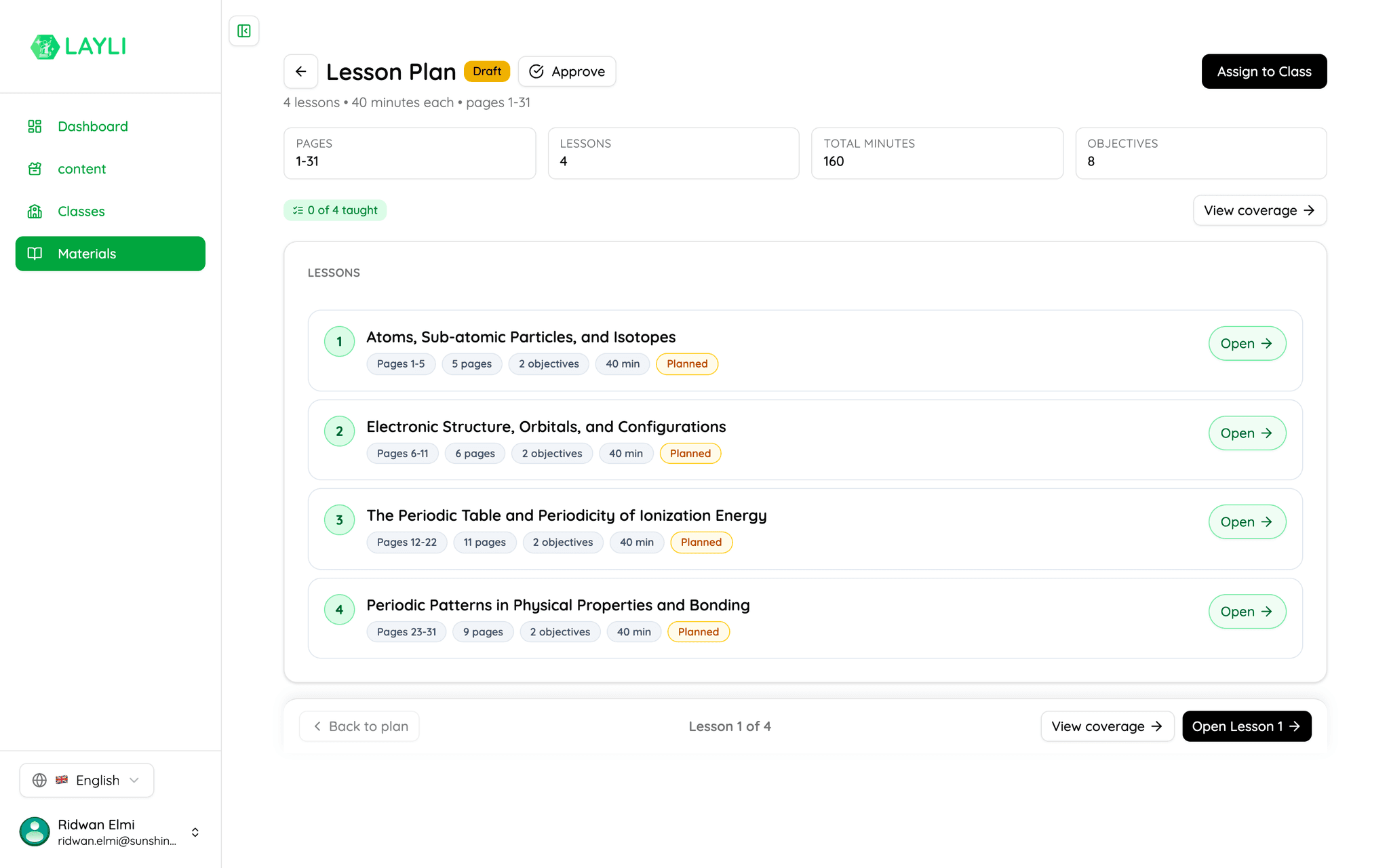 A lesson plan broken into four lessons with pages, objectives and taught status