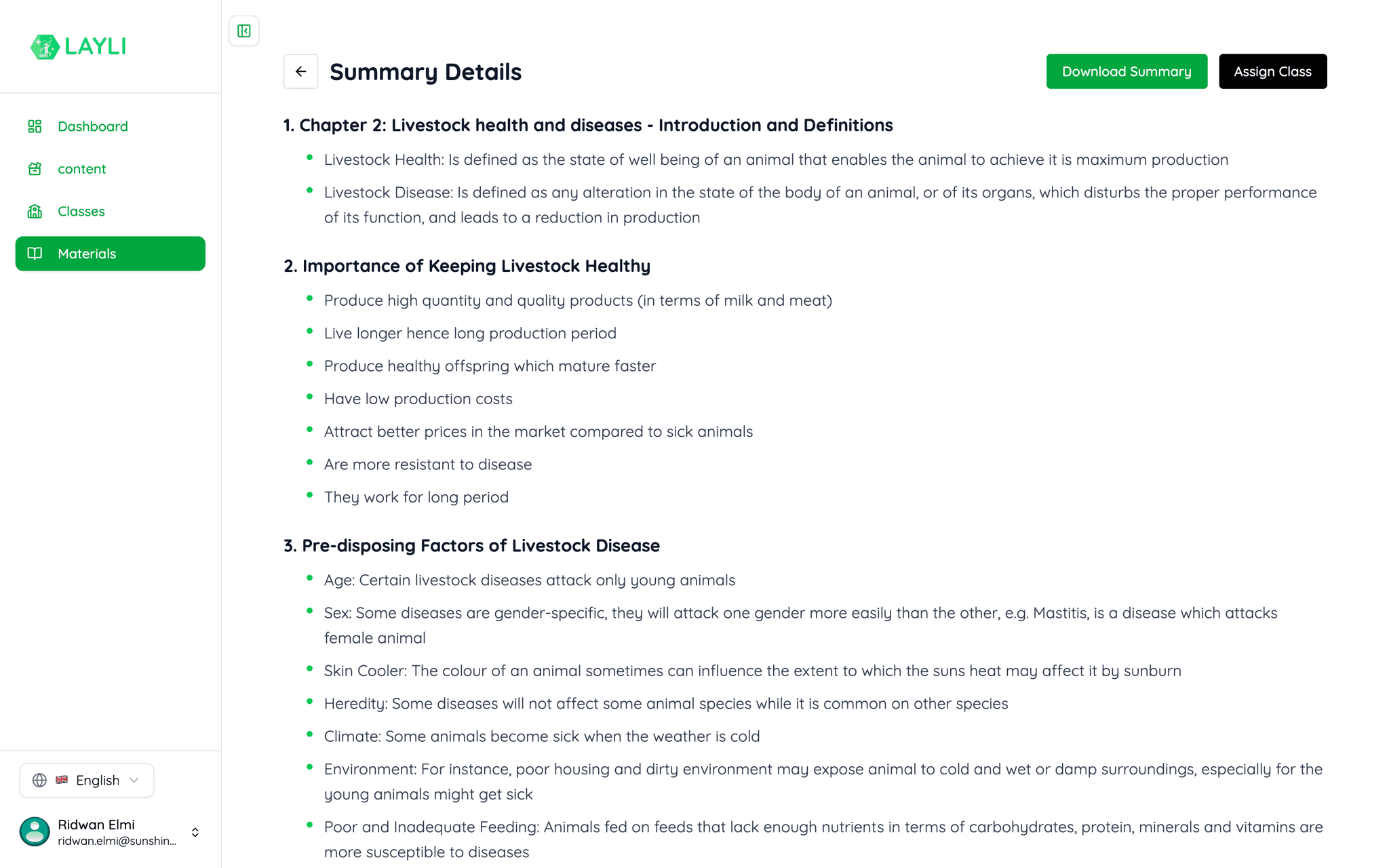 A generated chapter summary, broken into topics and key points